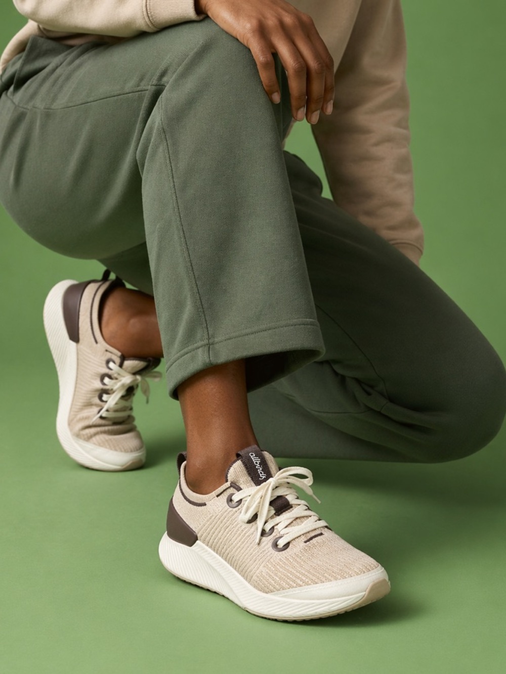 allbirds Tree Glider Women's Beige Knit Lace-Up Walking Sneakers with Brown Heel